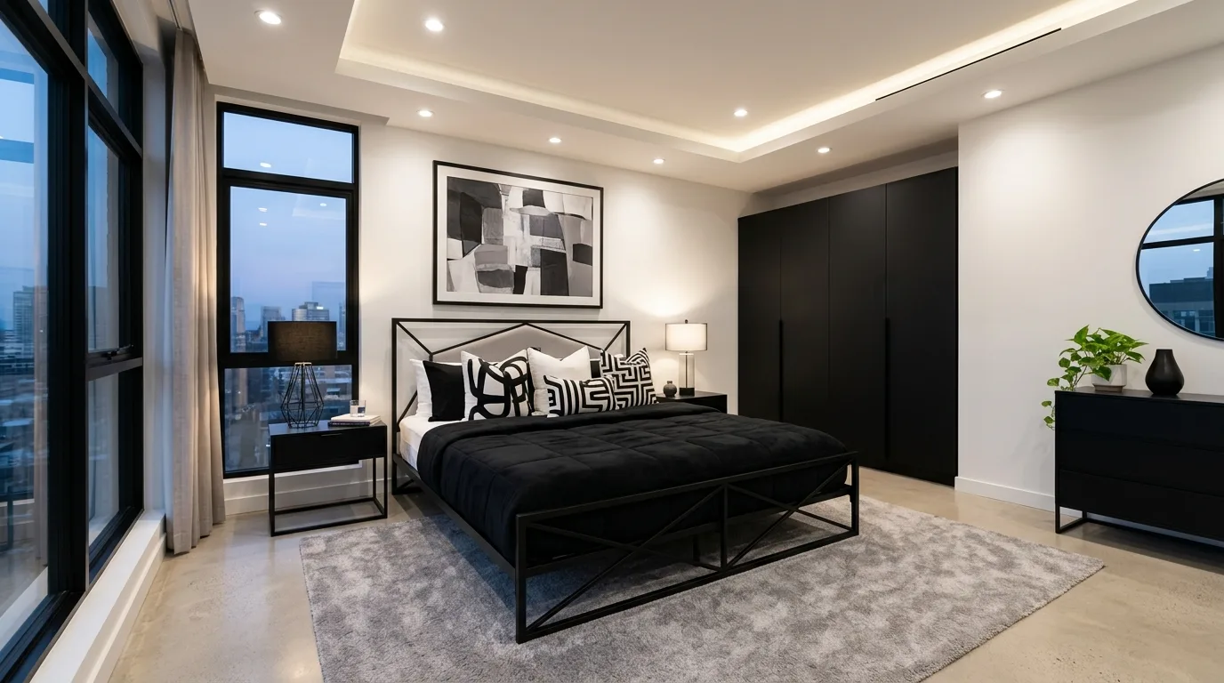 Black comforter with brass and gold accents in a dressed-up bedroom.