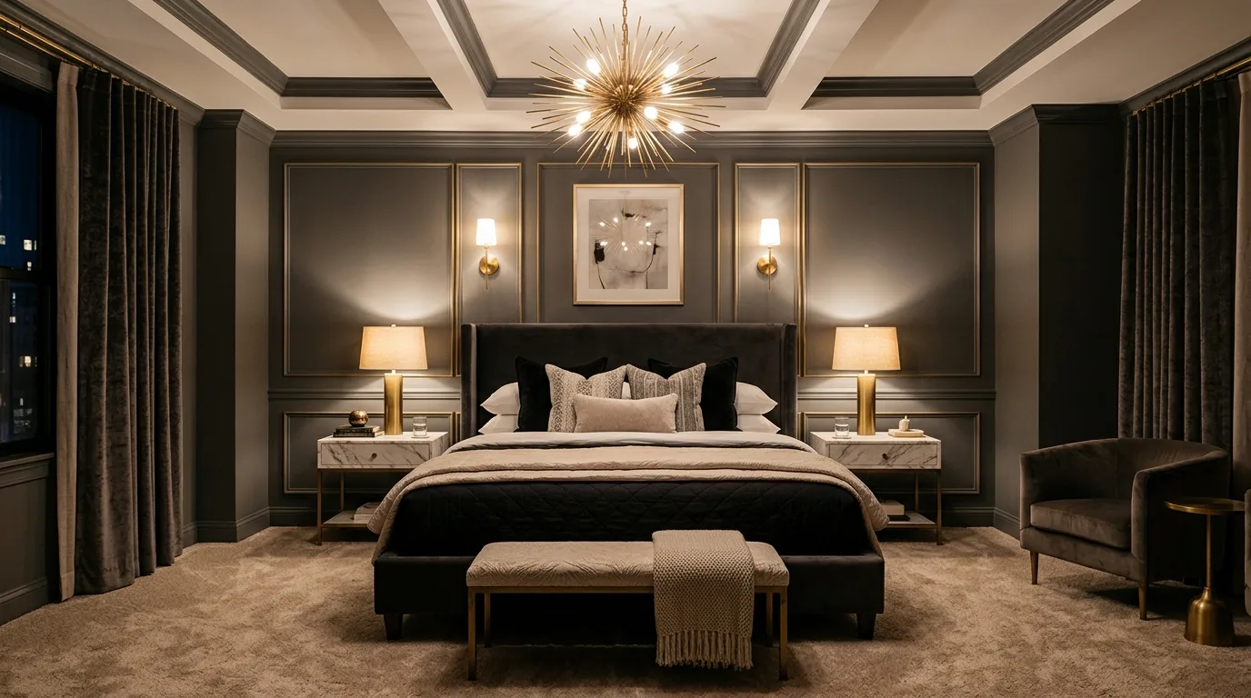 Black comforter in a minimal white room with instant polished contrast.