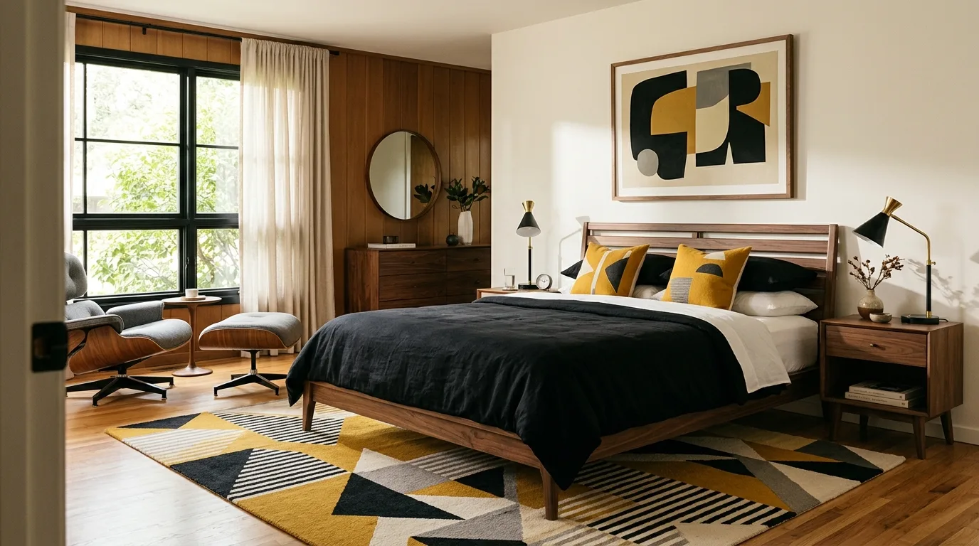 Black comforter framed by soft lighting in a warm polished bedroom.