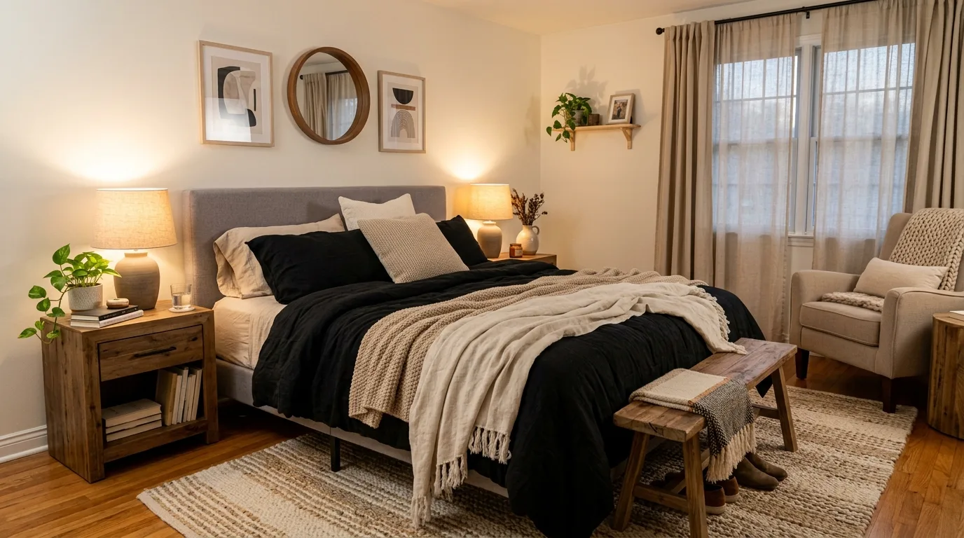 Black comforter mixed with one patterned layer in a refined bedroom.