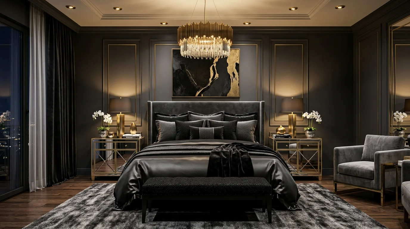 Black comforter making the bed feel instantly finished and polished.