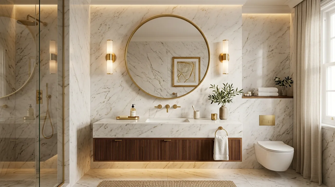 use decor that reinforces the look in a bathroom inspired by welcoming guest impress visitors.