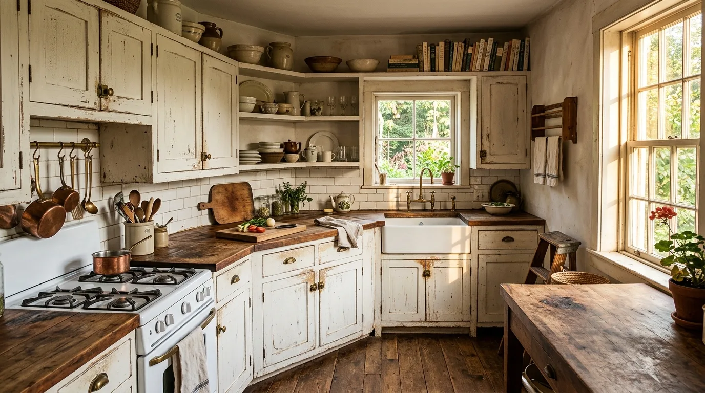 Worn-in rustic kitchen cabinets full of country charm.