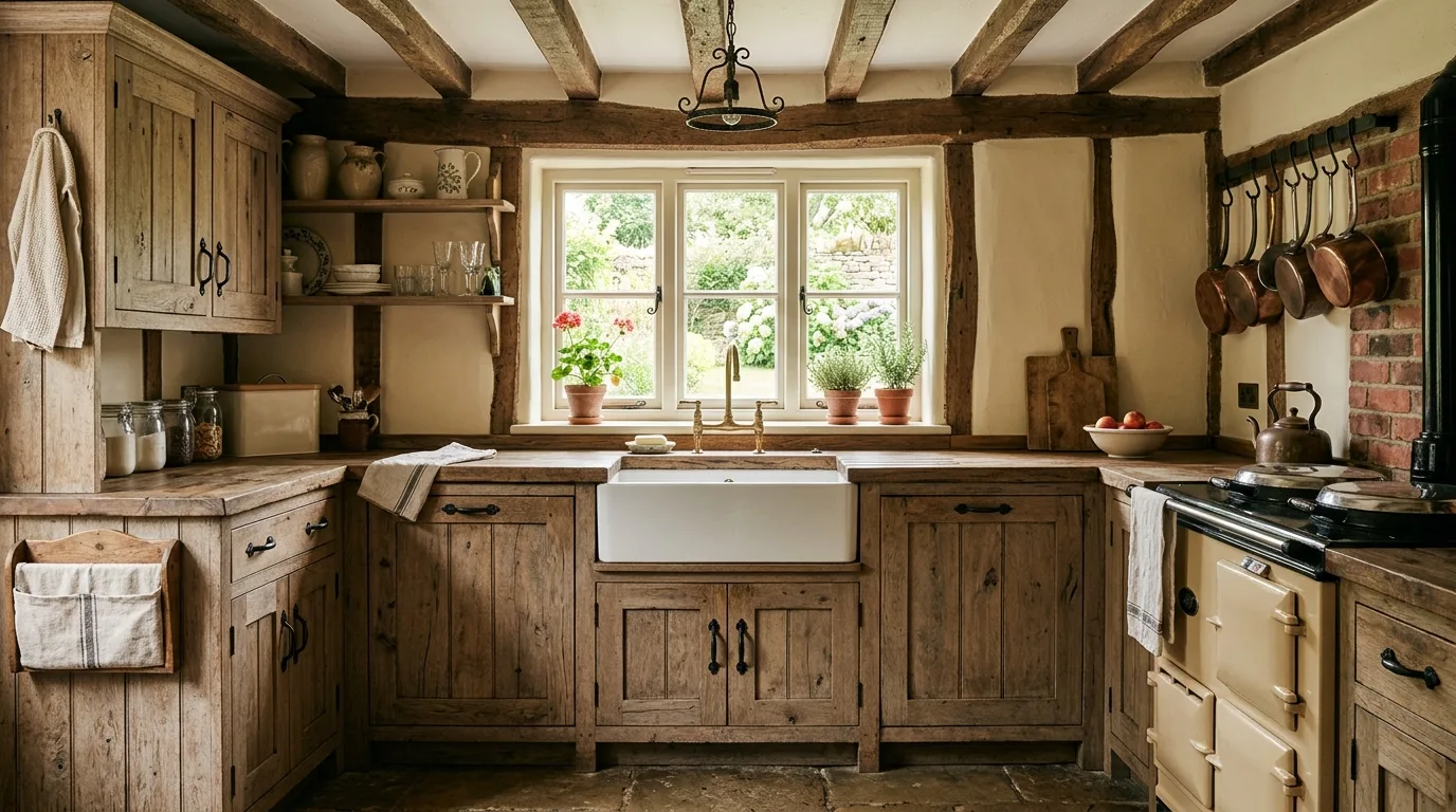 Visible wood grain in worn-in rustic kitchen cabinets.