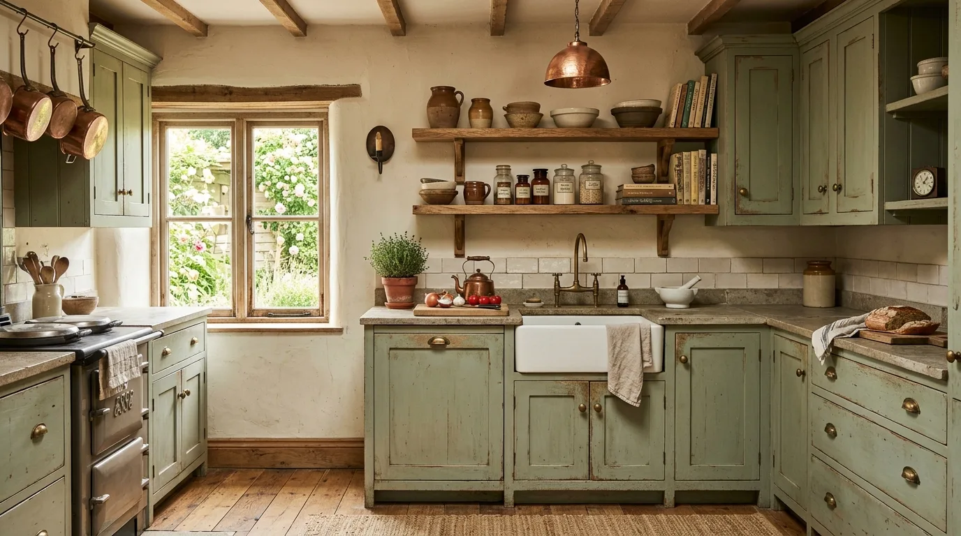 Aged finish on rustic kitchen cabinets adding country charm.