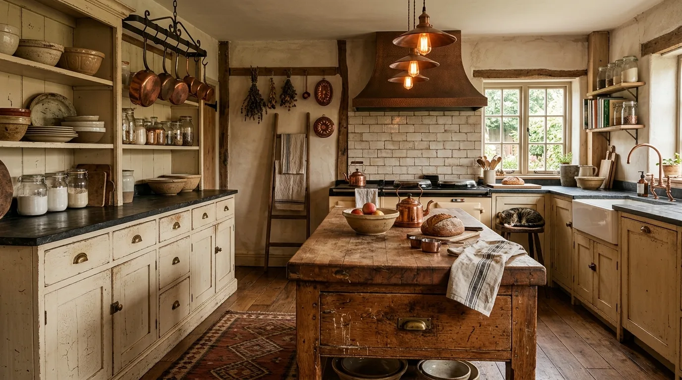 Stone and brick paired with rustic kitchen cabinets.