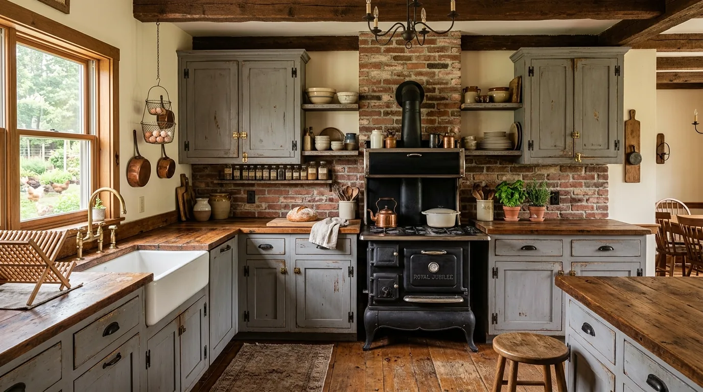 Warm metal hardware on worn-in rustic kitchen cabinets.