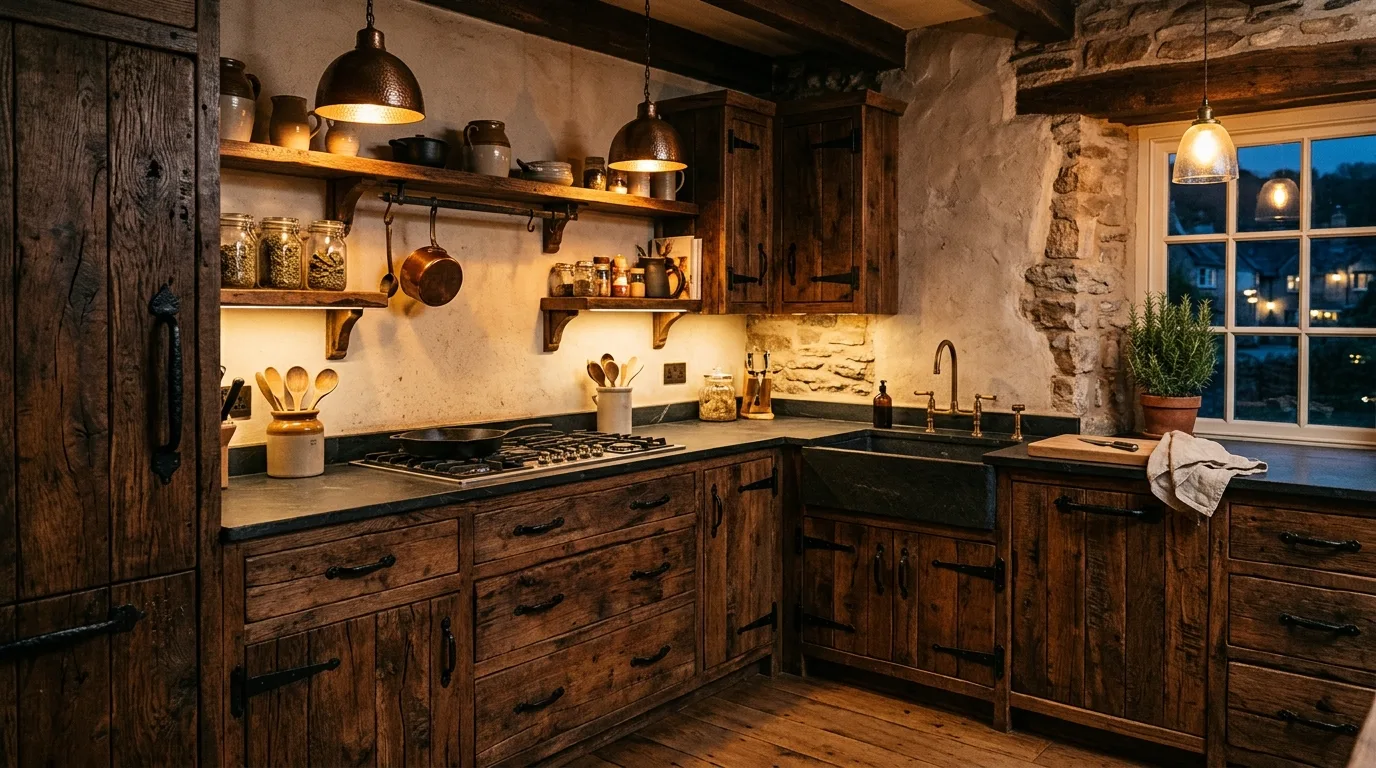Practical storage feeling beautiful in a rustic kitchen.