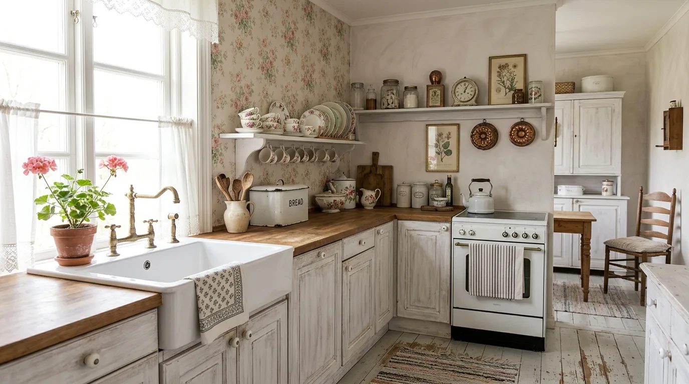 Warm familiar lighting in a worn-in rustic kitchen.