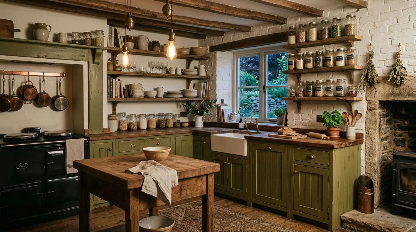 Warm storied kitchen with worn-in rustic cabinets.